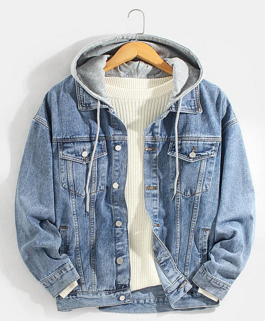 Mens Cotton Button Front Outdoor Stylish Detachable Hooded Denim Jacket With Pocket