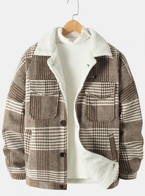 Mens Plaid Single Breasted Lapel Double Pocket Casual Woolen Jackets