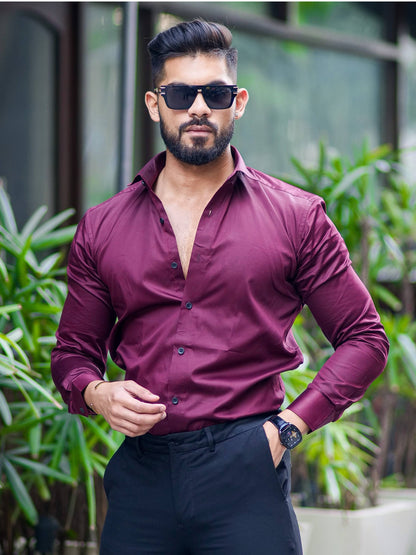 FORMY DARK WINE BERRY REGULAR FIT LUXURY SATIN SHIRT FOR MEN'S