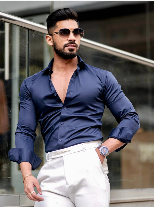 FORMY NAVY LUXURY SATIN COTTON SHIRT FOR MEN'S