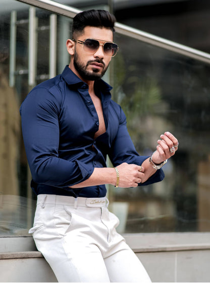 FORMY NAVY LUXURY SATIN COTTON SHIRT FOR MEN'S