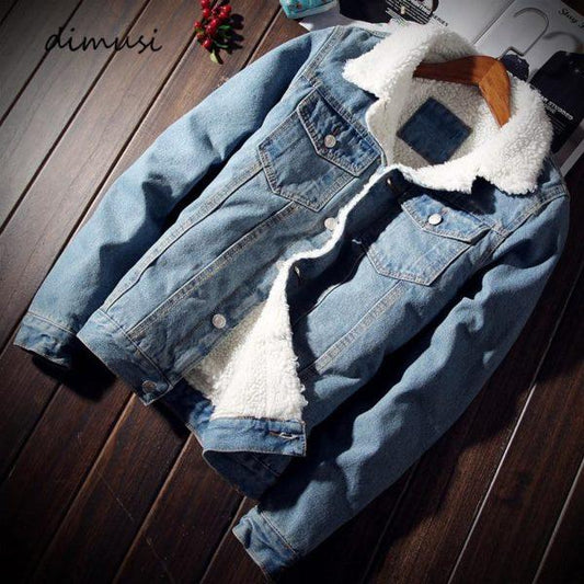 DIMUSI Winter Mens Denim Jackets Fashion Men Fleece