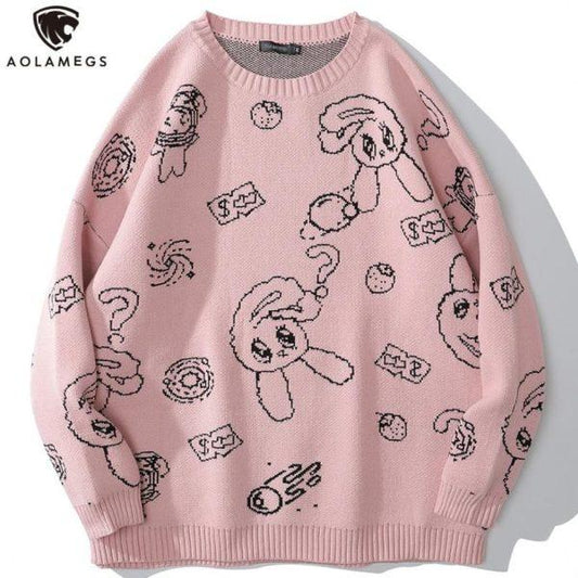 Aolamegs Men Sweater Cartoon Cute Rabbit Strawberry