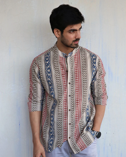 IVORY BLOCK-PRINTED MEN'S SHIRT