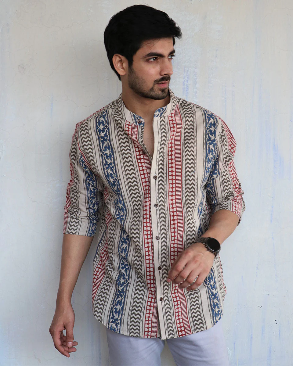 IVORY BLOCK-PRINTED MEN'S SHIRT