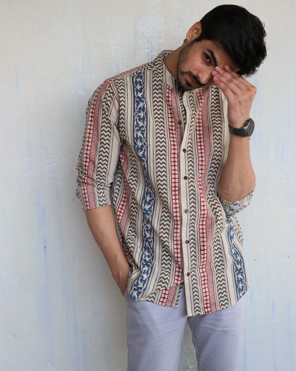 IVORY BLOCK-PRINTED MEN'S SHIRT