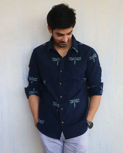 NAVY BLUE DRAGONFLY BLOCK-PRINTED MEN'S SHIRT