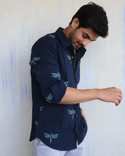 NAVY BLUE DRAGONFLY BLOCK-PRINTED MEN'S SHIRT