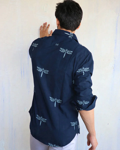 NAVY BLUE DRAGONFLY BLOCK-PRINTED MEN'S SHIRT