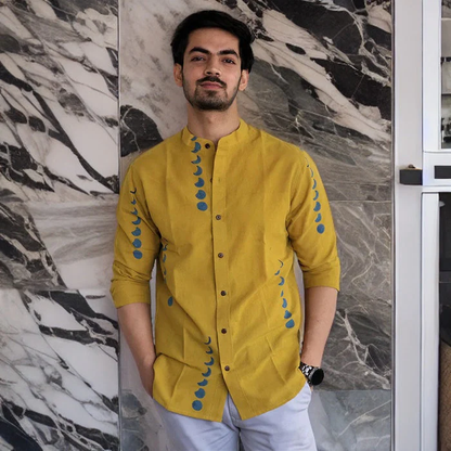 Mustard Eclipes Block-Printed Men'S Shirt