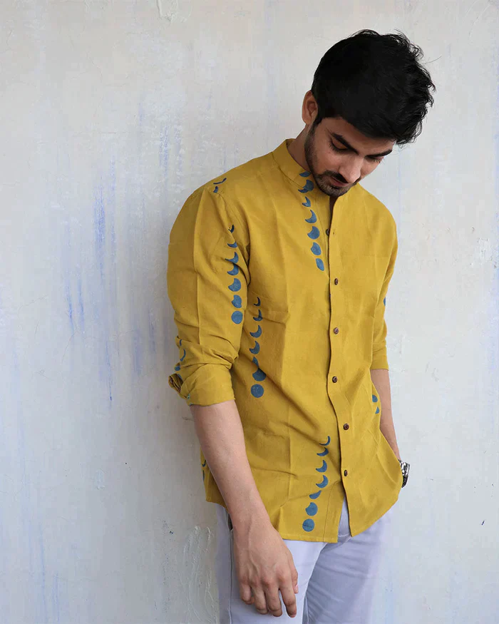 Mustard Eclipes Block-Printed Men'S Shirt