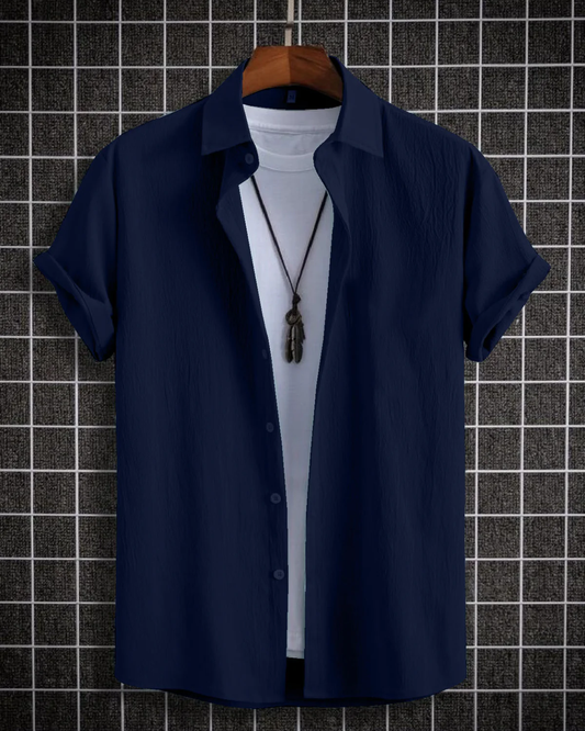 Delightful Navy Blue Seersucker Half Sleeve Shirt