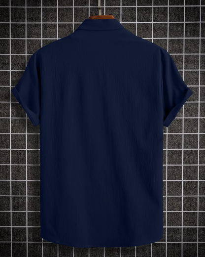 Delightful Navy Blue Seersucker Half Sleeve Shirt