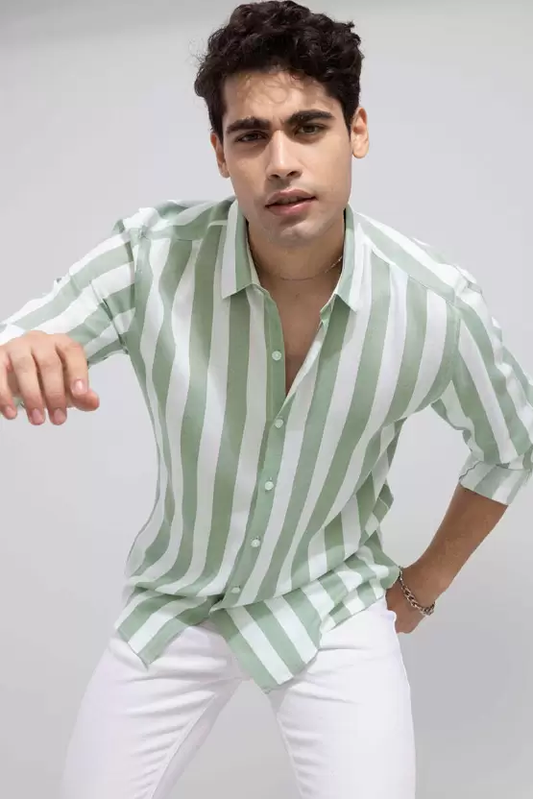 Casual Green Striped Shirt For Men
