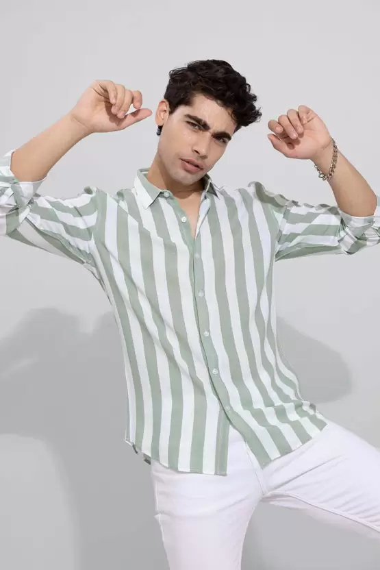 Casual Green Striped Shirt For Men