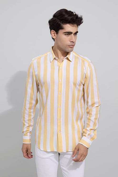 Casual Yellow Striped Shirt For Men