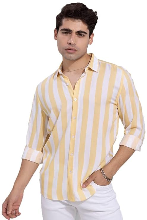 Casual Yellow Striped Shirt For Men